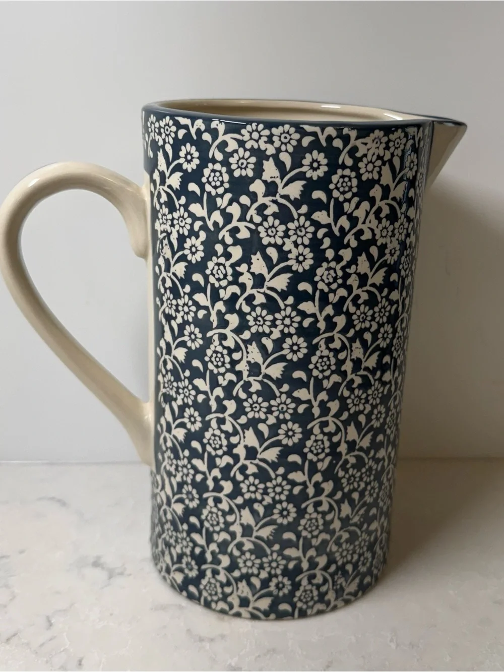 Anthropologie Navy and Cream Floral Ceramic Tana Floral Pitcher